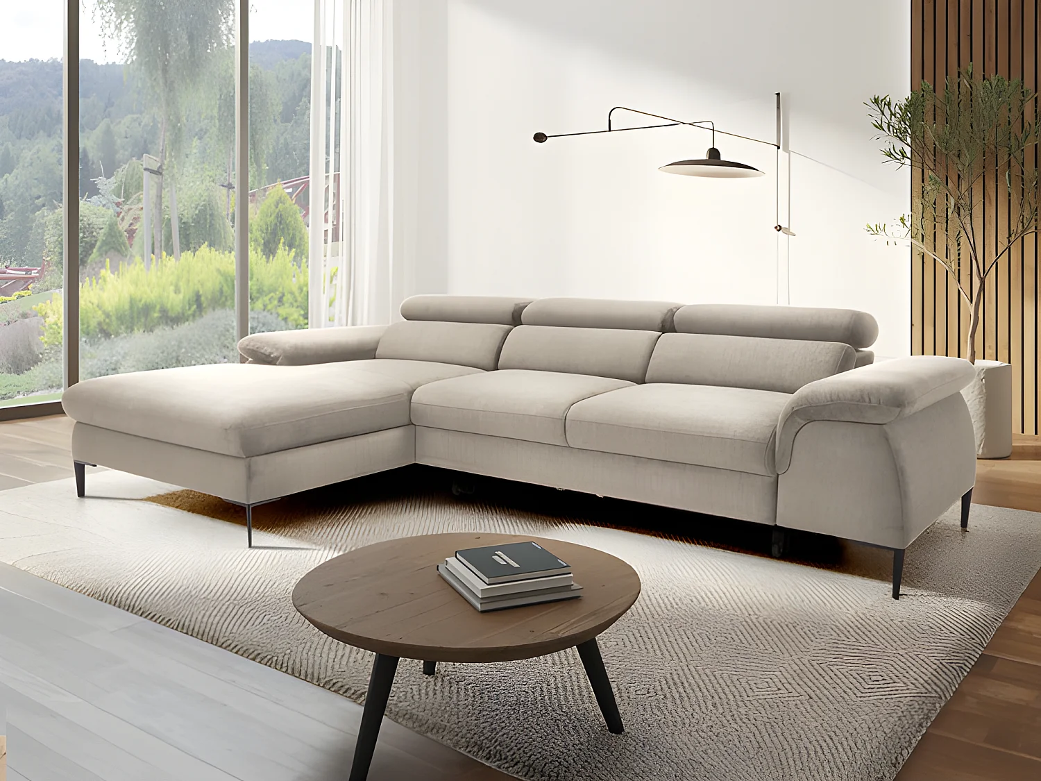 Slaapbank met hoek links in beige fluweel design SEPINA van Pascal Morabito