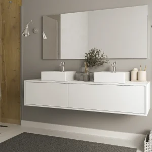 Hangend badkamermeubel met dubbele wastafel, wit, L150 x H32 cm, ISAURE Hangend badkamermeubel met dubbele wastafel, wit, L150 x H32 cm, ISAURE