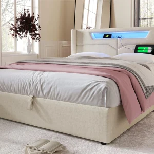 Opbergbed 140x200cm gestoffeerd in linnenstof – met LED en oplaadpoorten – met lattenbodem – Beige Opbergbed 140x200cm gestoffeerd in linnenstof – met LED en oplaadpoorten – met lattenbodem – Beige