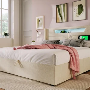 Opbergbed 160x200cm gestoffeerd in linnenstof – met LED en oplaadpoorten – met lattenbodem – Beige Opbergbed 160x200cm gestoffeerd in linnenstof – met LED en oplaadpoorten – met lattenbodem – Beige