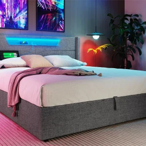 Opbergbed 160x200cm gestoffeerd in linnenstof – met LED en oplaadpoorten – met lattenbodem – Grijs Opbergbed 160x200cm gestoffeerd in linnenstof – met LED en oplaadpoorten – met lattenbodem – Grijs