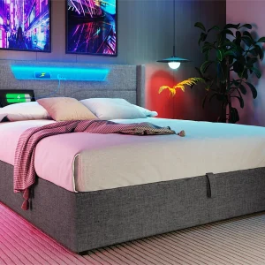 Opbergbed 140x200cm gestoffeerd in linnenstof – met LED en oplaadpoorten – met lattenbodem – Grijs Opbergbed 140x200cm gestoffeerd in linnenstof – met LED en oplaadpoorten – met lattenbodem – Grijs