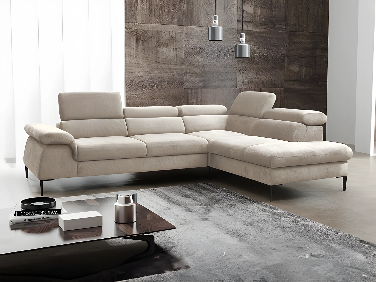 Grote slaapbank met hoek rechts in beige fluweel SEPINA van Pascal Morabito