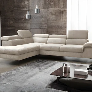 Grote slaapbank met hoek links in beige fluweel SEPINA van Pascal Morabito