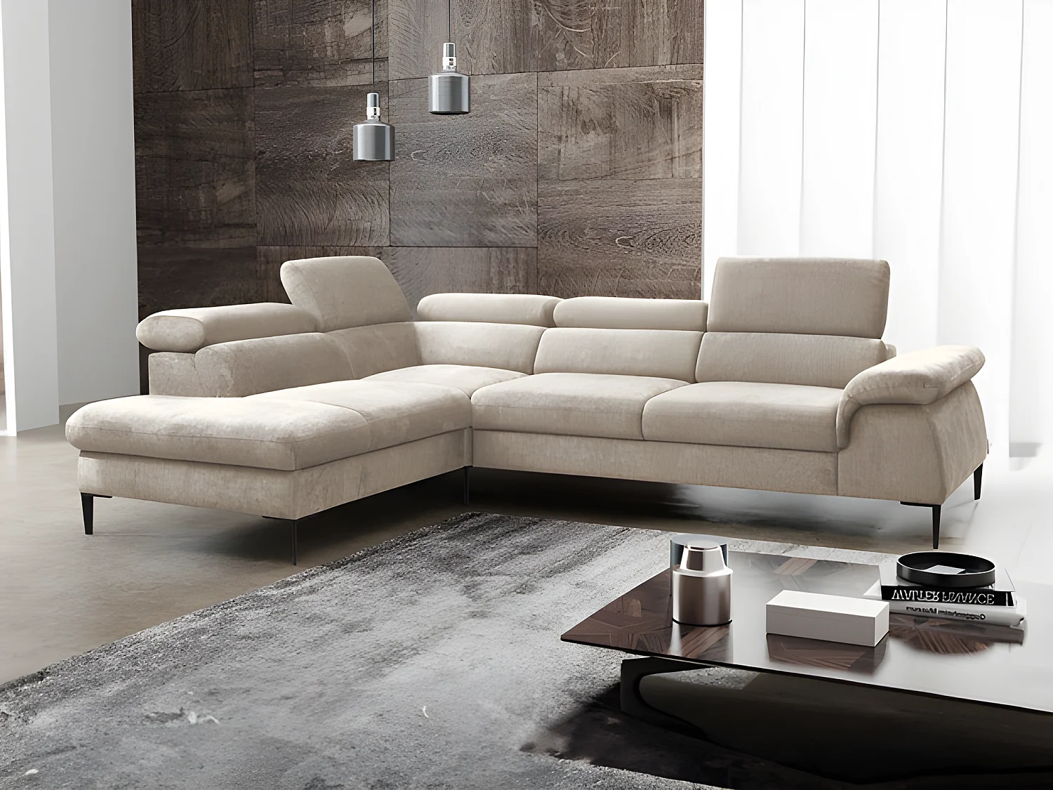 Grote slaapbank met hoek links in beige fluweel SEPINA van Pascal Morabito