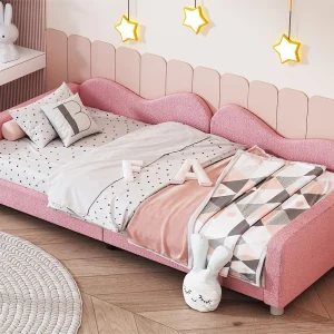 Gestoffeerde slaapbank – 90 x 200 cm – 2 lades – pluche stof – lattenbodem – voor kinderen of baby's – roze Gestoffeerde slaapbank – 90 x 200 cm – 2 lades – pluche stof – lattenbodem – voor kinderen of baby's – roze