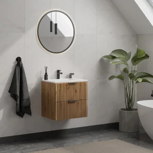 Geribbeld wastafelmeubel met inbouwwastafel, lichte houtlook, 60 cm, ZEVARA Geribbeld wastafelmeubel met inbouwwastafel, lichte houtlook, 60 cm, ZEVARA