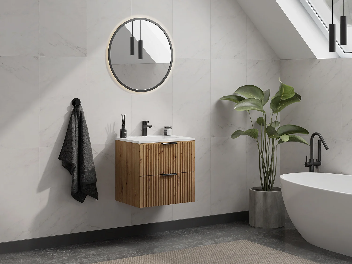 Geribbeld wastafelmeubel met inbouwwastafel, lichte houtlook, 60 cm, ZEVARA
