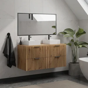 Geribbeld wastafelmeubel met opzetwastafel, lichte houtlook, L120 cm, ZEVARA Geribbeld wastafelmeubel met opzetwastafel, lichte houtlook, L120 cm, ZEVARA