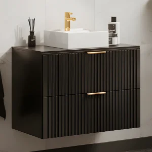 Hangmeubel voor badkamer met strepen met wastafel om erop te plaatsen, zwart, L80 cm, ZEVARA