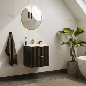 Zwart gestreept hangmeubel voor badkamer met inbouwwastafel, 60 cm, ZEVARA