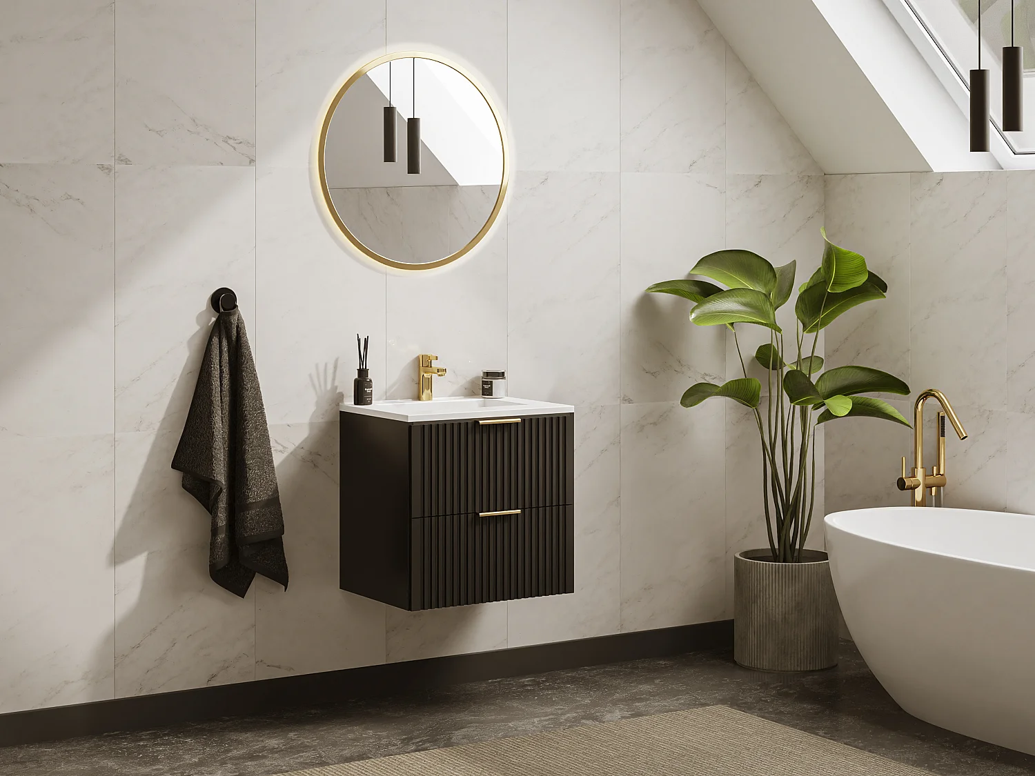 Zwart gestreept hangmeubel voor badkamer met inbouwwastafel, 60 cm, ZEVARA