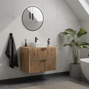 Geribbeld wastafelmeubel met opzetwastafel, lichte houtlook, 80 cm, ZEVARA Geribbeld wastafelmeubel met opzetwastafel, lichte houtlook, 80 cm, ZEVARA