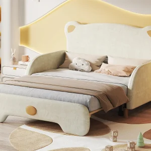 gestoffeerd kinderbed 140x200cm in fluweel – onderschuifbed met beervormig hoofdeinde en lattenbodem – Beige