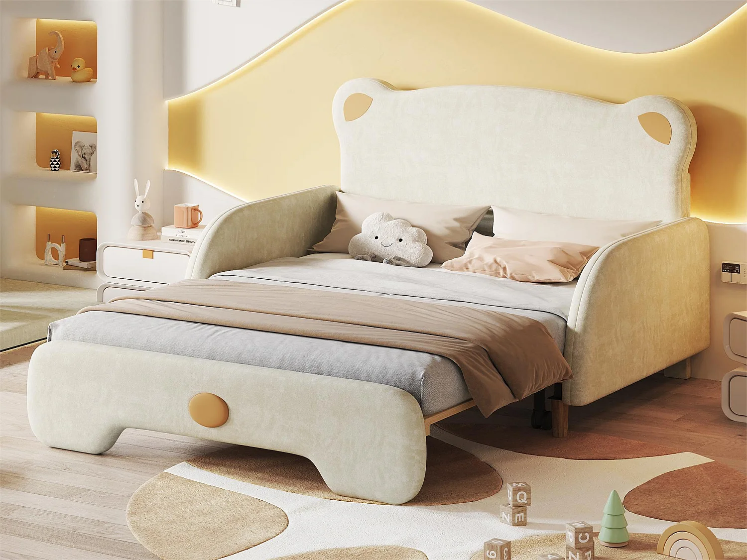 gestoffeerd kinderbed 140x200cm in fluweel - onderschuifbed met beervormig hoofdeinde en lattenbodem - Beige