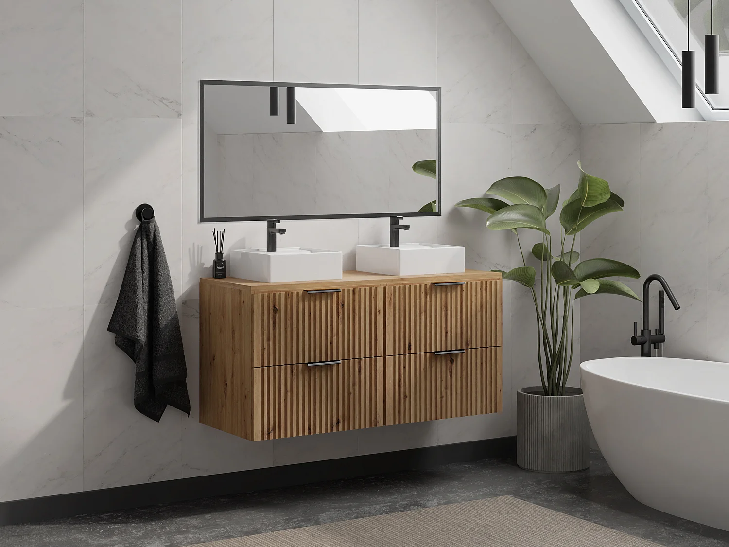 Gestreept hangend meubel onder wastafel, licht naturel, L120 cm, ZEVARA