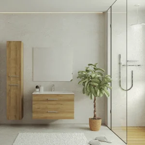 Hangend badkamermeubel met enkele wastafel en licht naturel opbergzuil, 80 cm, KAYLA Hangend badkamermeubel met enkele wastafel en licht naturel opbergzuil, 80 cm, KAYLA
