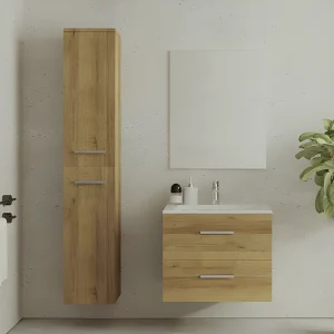 Hangend badkamermeubel met enkele wastafel en opbergzuil, licht naturel, KAYLA Hangend badkamermeubel met enkele wastafel en opbergzuil, licht naturel, KAYLA