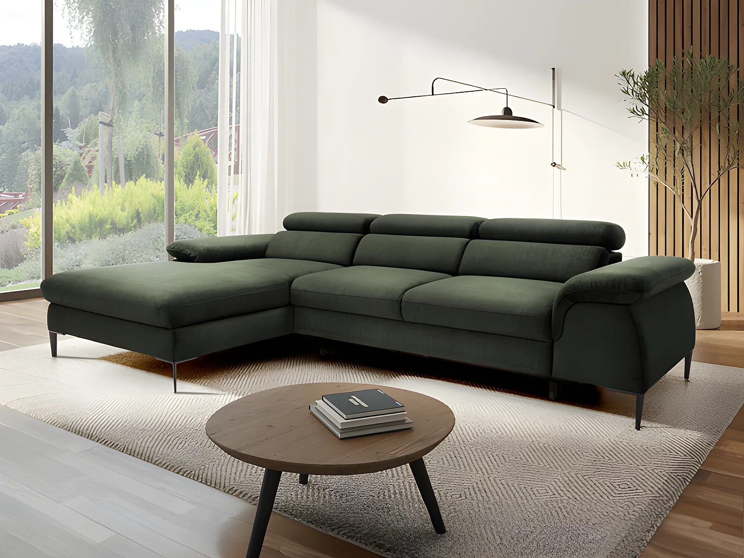 Slaapbank met hoek links in groen fluweel design SEPINA van Pascal Morabito