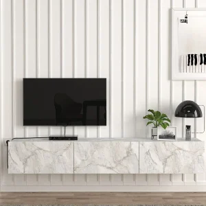 Zwevend tv-meubel met 3 deuren – Wit marmereffect – VIKILA Zwevend tv-meubel met 3 deuren – Wit marmereffect – VIKILA