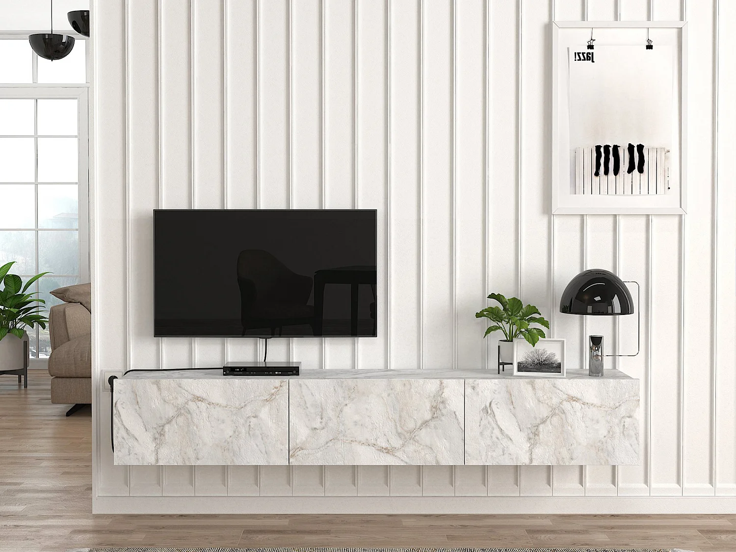 Zwevend tv-meubel met 3 deuren - Wit marmereffect - VIKILA