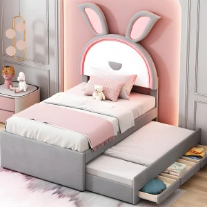 Gestoffeerd kinderbed 90x200cm in fluweel – onderschuifbed met 3 lades en gekleurde LED-verlichting – Grijs Gestoffeerd kinderbed 90x200cm in fluweel – onderschuifbed met 3 lades en gekleurde LED-verlichting – Grijs
