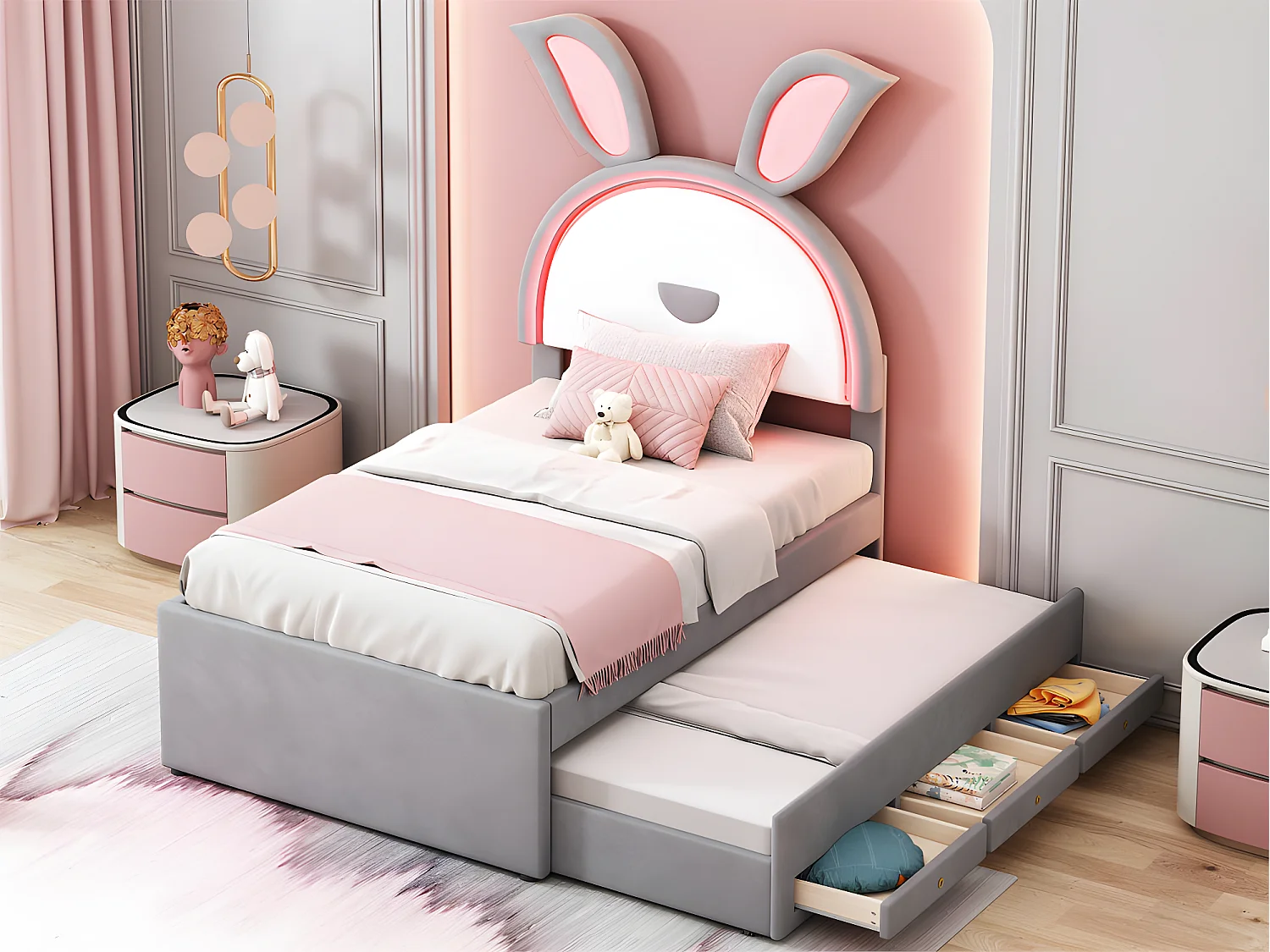 Gestoffeerd kinderbed 90x200cm in fluweel - onderschuifbed met 3 lades en gekleurde LED-verlichting - Grijs
