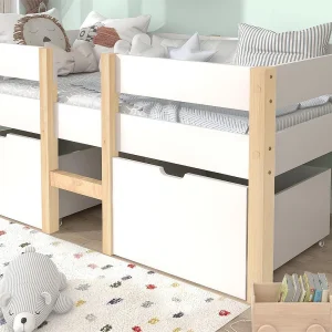 Halfhoog bed met 2 grote lades – 90 x 200 cm – grenenhout – lattenbodem – kleuren: wit en eiken Halfhoog bed met 2 grote lades – 90 x 200 cm – grenenhout – lattenbodem – kleuren: wit en eiken