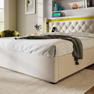 Gestoffeerd opbergbed – 140 x 200 cm – met USB Type C stopcontact en LED's – lattenbodem – kleur beige Gestoffeerd opbergbed – 140 x 200 cm – met USB Type C stopcontact en LED's – lattenbodem – kleur beige