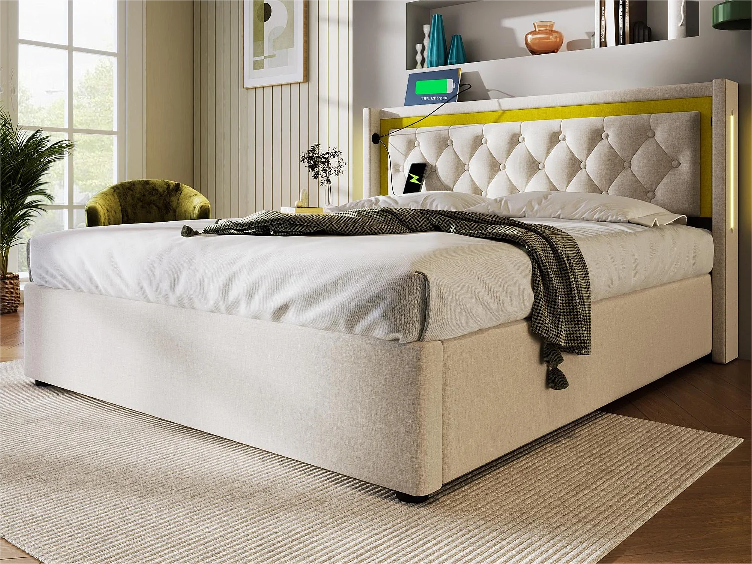 Gestoffeerd opbergbed - 140 x 200 cm - met USB Type C stopcontact en LED's - lattenbodem - kleur beige