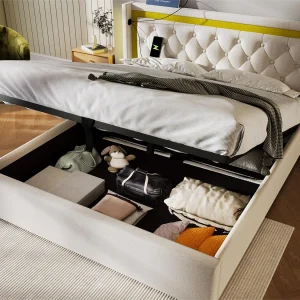 Gestoffeerd opbergbed – 160 x 200 cm – met USB Type C stopcontact en LED's – lattenbodem – kleur beige Gestoffeerd opbergbed – 160 x 200 cm – met USB Type C stopcontact en LED's – lattenbodem – kleur beige