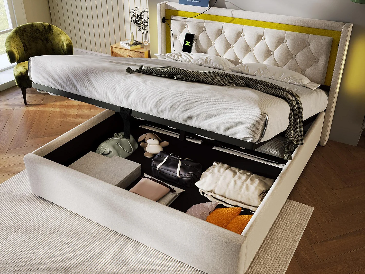 Gestoffeerd opbergbed - 160 x 200 cm - met USB Type C stopcontact en LED's - lattenbodem - kleur beige