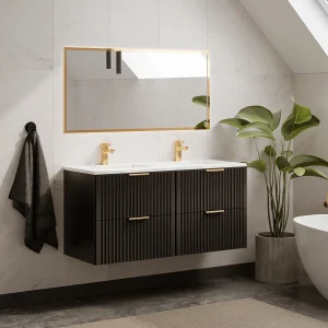 Zwart gestreept hangmeubel voor badkamer met inbouwwastafel, 120 cm, ZEVARA