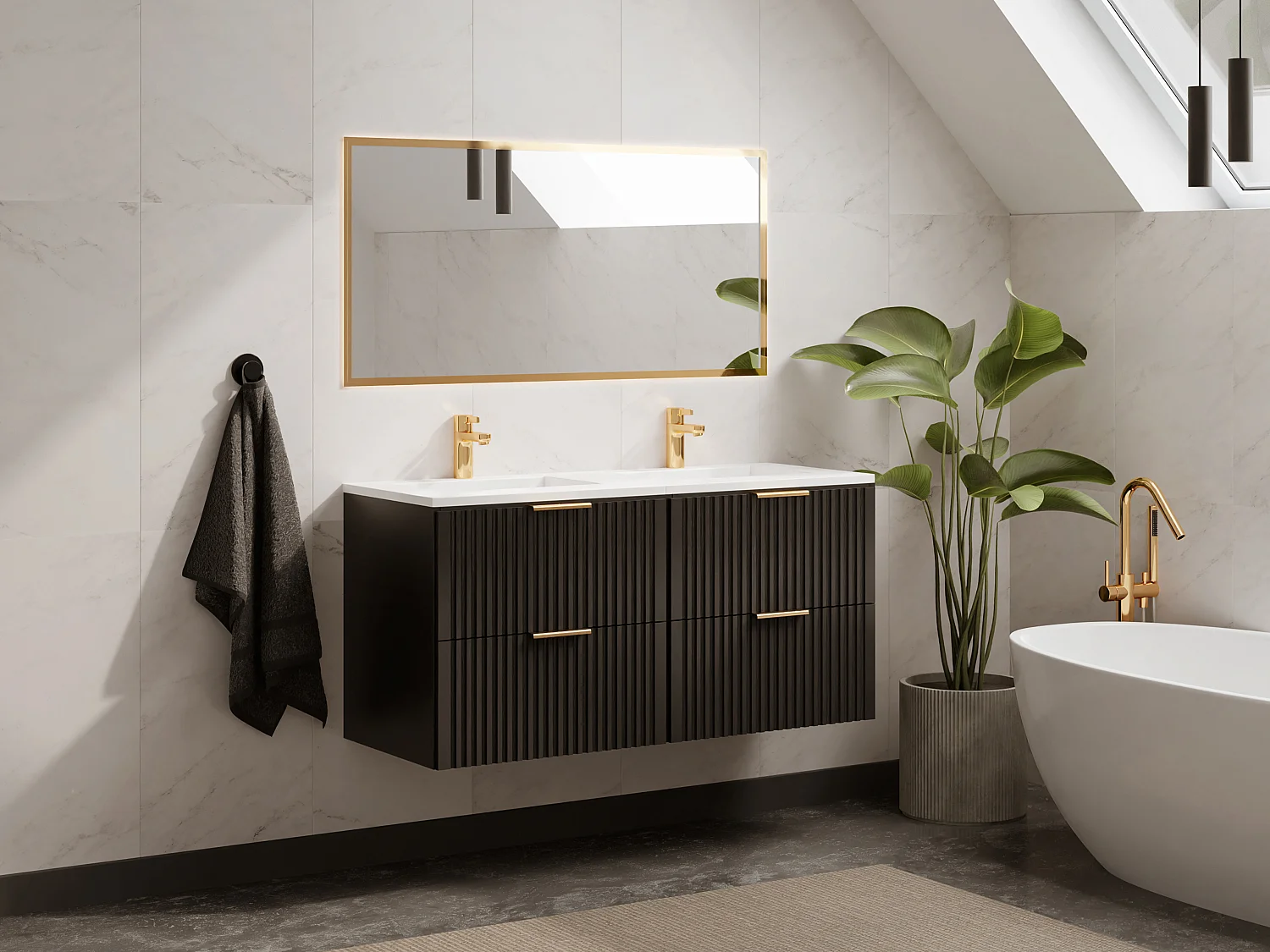 Zwart gestreept hangmeubel voor badkamer met inbouwwastafel, 120 cm, ZEVARA