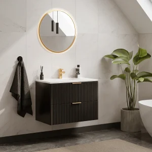 Zwart gestreept hangmeubel voor badkamer met inbouwwastafel, 80 cm, ZEVARA
