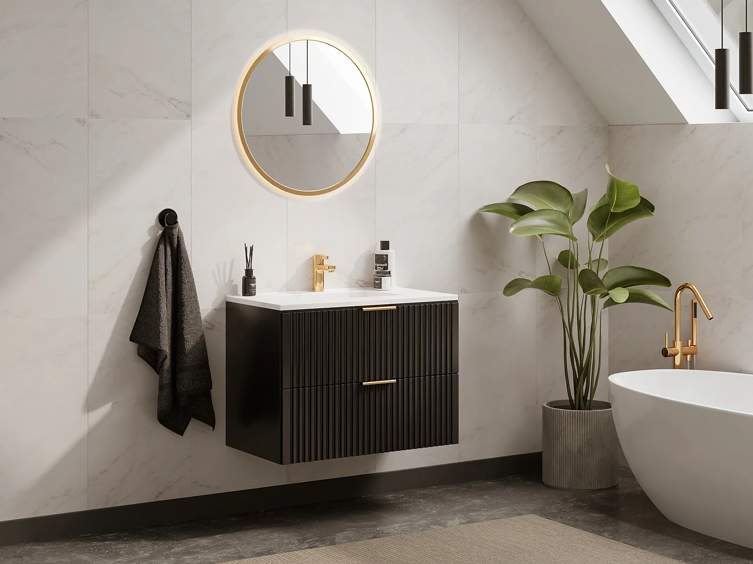 Zwart gestreept hangmeubel voor badkamer met inbouwwastafel, 80 cm, ZEVARA