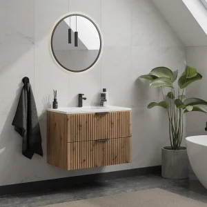 Gestreept hangmeubel voor badkamer met inbouwwastafel, licht naturel,80 cm, ZEVARA Gestreept hangmeubel voor badkamer met inbouwwastafel, licht naturel,80 cm, ZEVARA