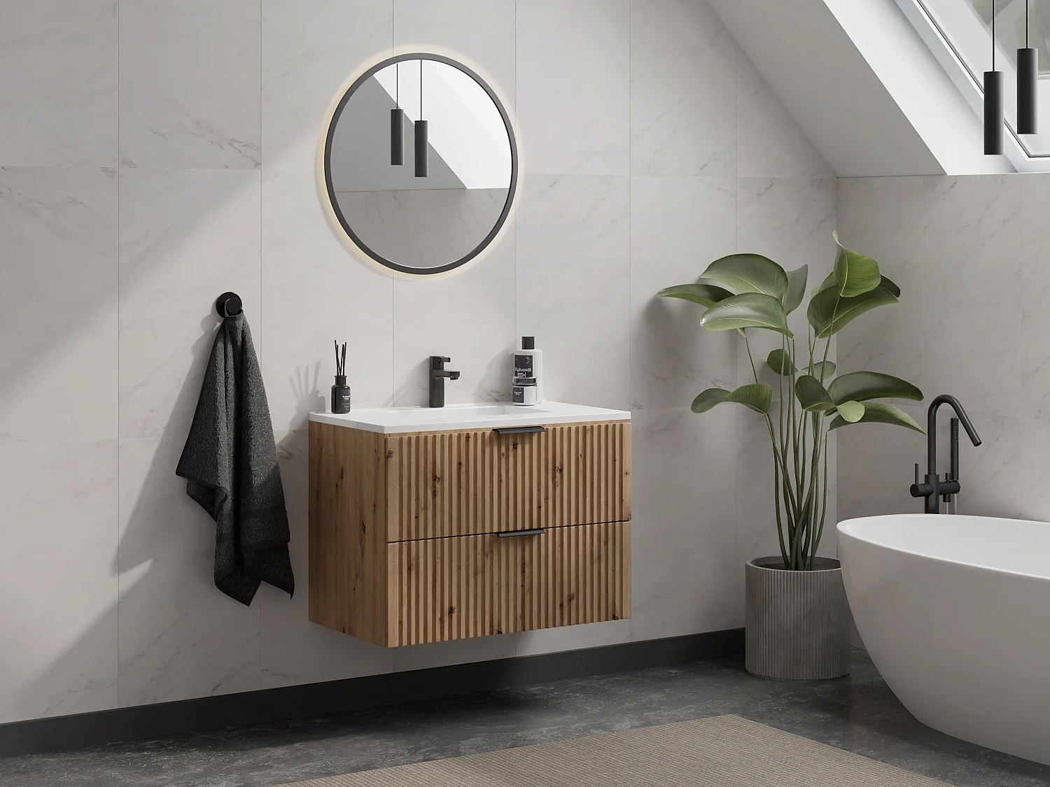 Gestreept hangmeubel voor badkamer met inbouwwastafel, licht naturel,80 cm, ZEVARA