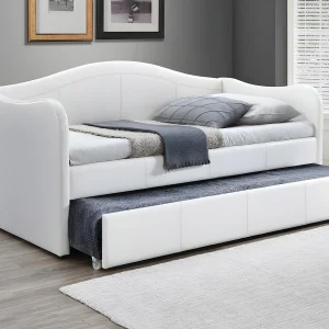 Bedbank met uitschuifbed MATHILDE – 2 x 90 x 190cm – Kunstleer – Wit- Koop nu