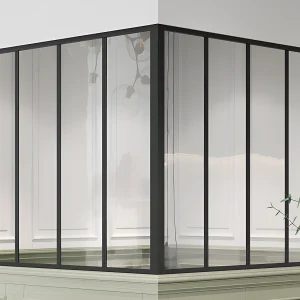 Glazen hoekbinnenraam in gepoederlakt aluminium – L120 x L120 x H105 – Zwart – BAYVIEW Glazen hoekbinnenraam in gepoederlakt aluminium – L120 x L120 x H105 – Zwart – BAYVIEW