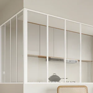 Glazen hoekbinnenraam in industriële stijl in gepoederlakt aluminium – L120 x L120 x H105 – Wit – BAYVIEW Glazen hoekbinnenraam in industriële stijl in gepoederlakt aluminium – L120 x L120 x H105 – Wit – BAYVIEW