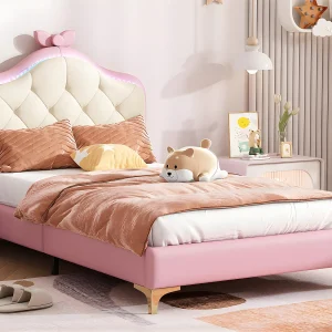 Gewatteerd kinderbed met gekleurde LED en strik op het hoofdeinde – in kunstleer – 90x200cm – met lattenbodem – Roze Gewatteerd kinderbed met gekleurde LED en strik op het hoofdeinde – in kunstleer – 90x200cm – met lattenbodem – Roze