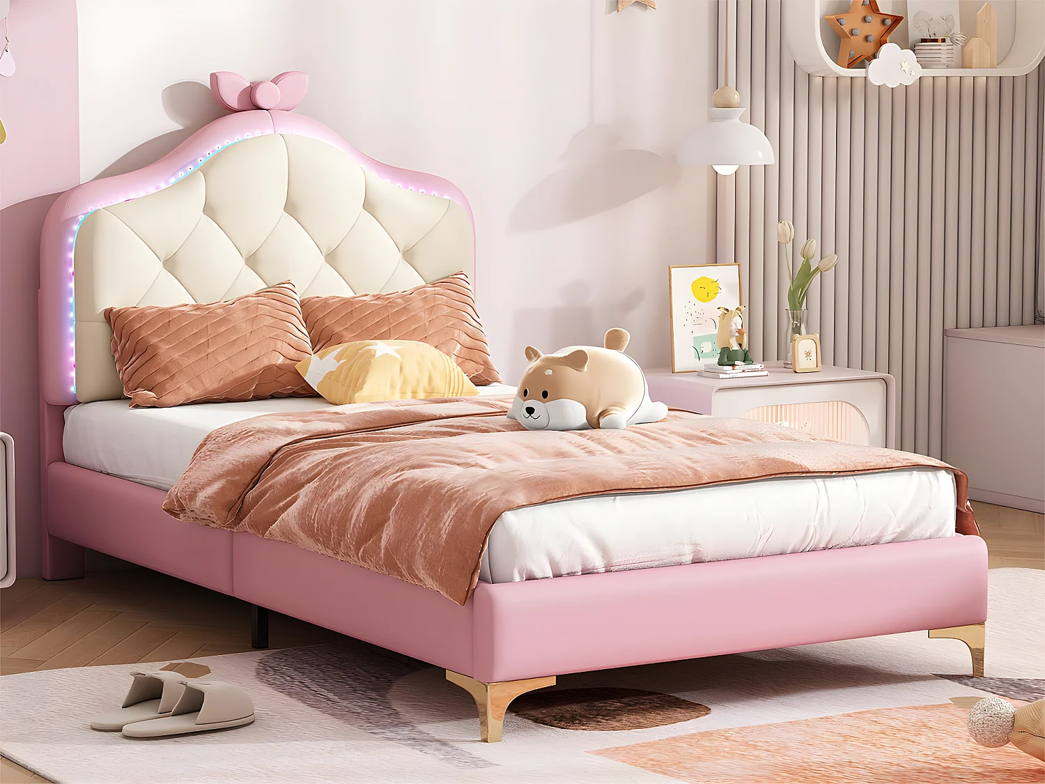 Gewatteerd kinderbed met gekleurde LED en strik op het hoofdeinde - in kunstleer - 90x200cm - met lattenbodem - Roze
