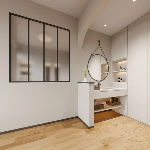 Glasraam werkplaatsstijl van gepoedercoat aluminium en gematteerd glas 120 x 130 cm, zwart BAYVIEW Glasraam werkplaatsstijl van gepoedercoat aluminium en gematteerd glas 120 x 130 cm, zwart BAYVIEW