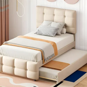 Getuft onderschuifbed 90x200cm – verstelbaar hoofdeinde – linnen stof – Beige Getuft onderschuifbed 90x200cm – verstelbaar hoofdeinde – linnen stof – Beige