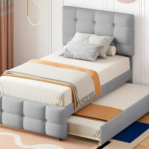 Getuft onderschuifbed 90x200cm – verstelbaar hoofdeinde – linnen stof – Grijs Getuft onderschuifbed 90x200cm – verstelbaar hoofdeinde – linnen stof – Grijs