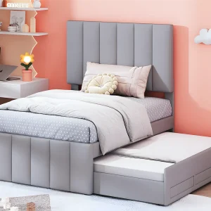 Gestoffeerd linnen bed 90x200cm – met onderschuifbed op wielen en 3 lades – Grijs Gestoffeerd linnen bed 90x200cm – met onderschuifbed op wielen en 3 lades – Grijs