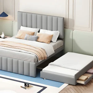 Gestoffeerd linnen bed 140x200cm – met onderschuifbed op wielen en 3 lades – Grijs Gestoffeerd linnen bed 140x200cm – met onderschuifbed op wielen en 3 lades – Grijs