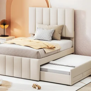 Gestoffeerd linnen bed 90x200cm – met onderschuifbed op wielen en 3 lades – Beige Gestoffeerd linnen bed 90x200cm – met onderschuifbed op wielen en 3 lades – Beige