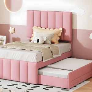 Gestoffeerd linnen bed 90x200cm – met onderschuifbed op wielen en 3 lades – Roze Gestoffeerd linnen bed 90x200cm – met onderschuifbed op wielen en 3 lades – Roze